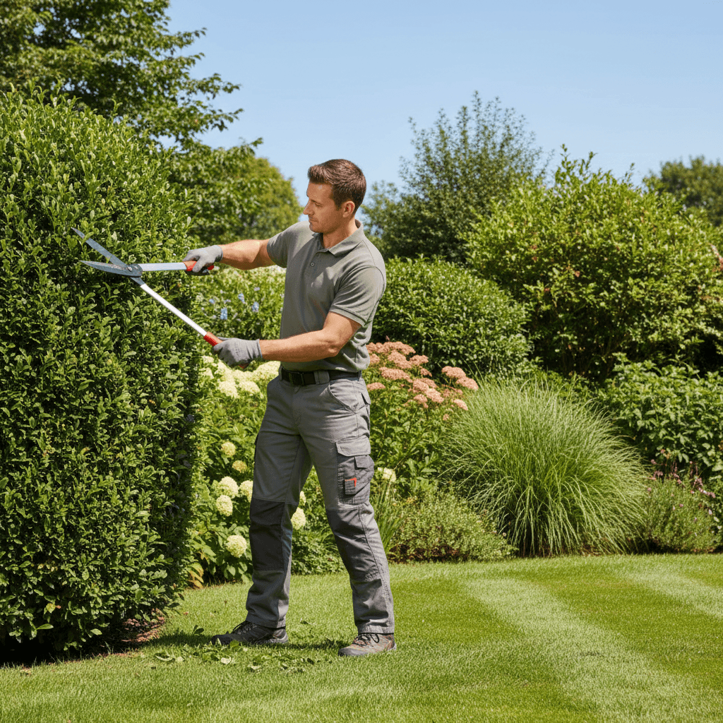 Landscaper performing precision hedge trimming