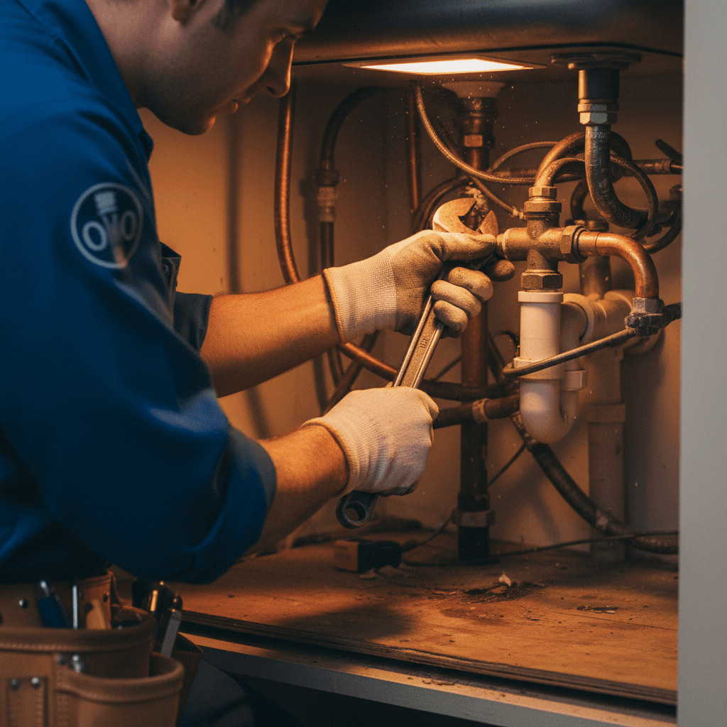Plumber conducting hands-on repair work