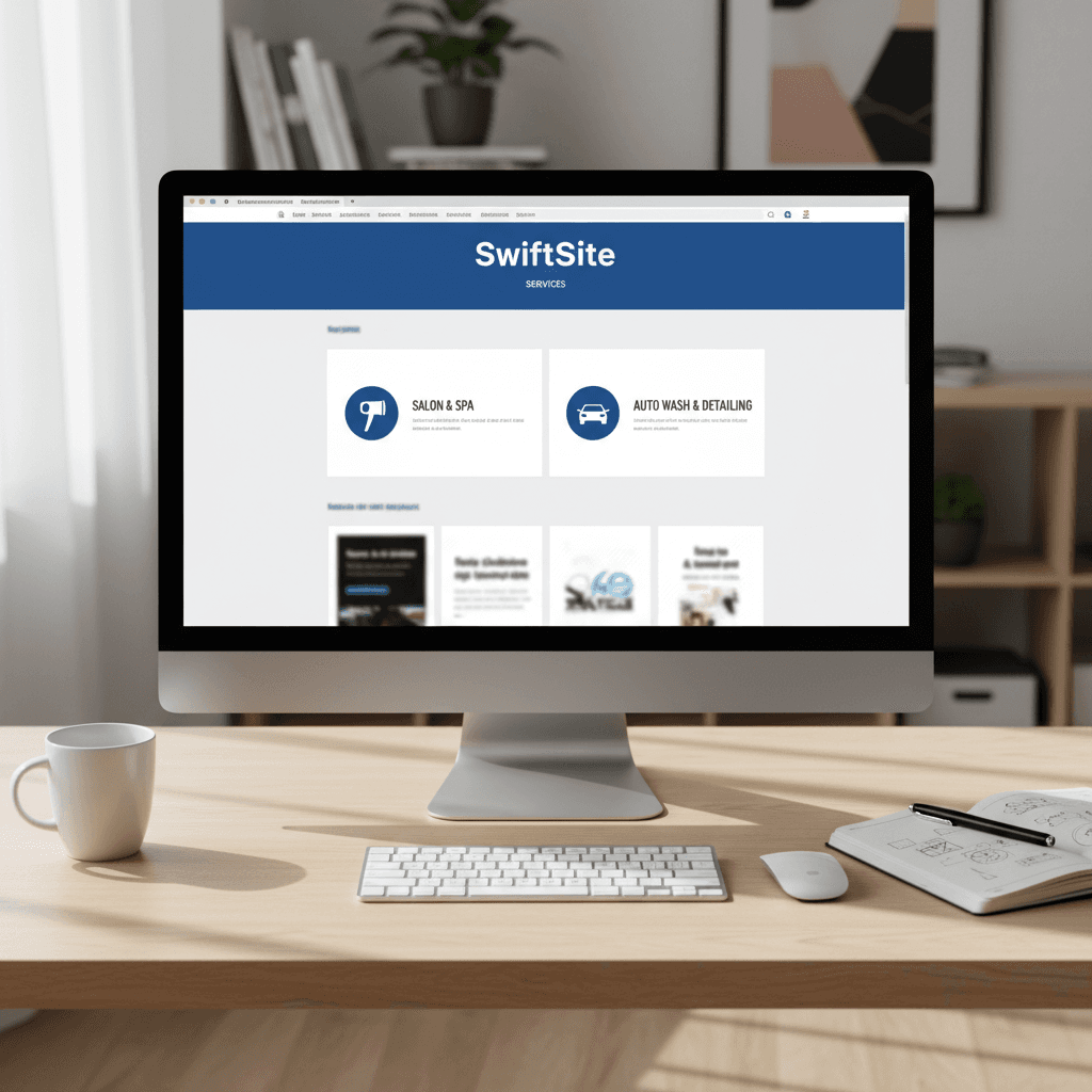 Professional web design workspace with a monitor showing a modern website layout.