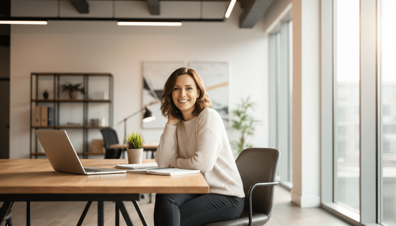 Small business owner working on laptop in modern office with natural lighting
