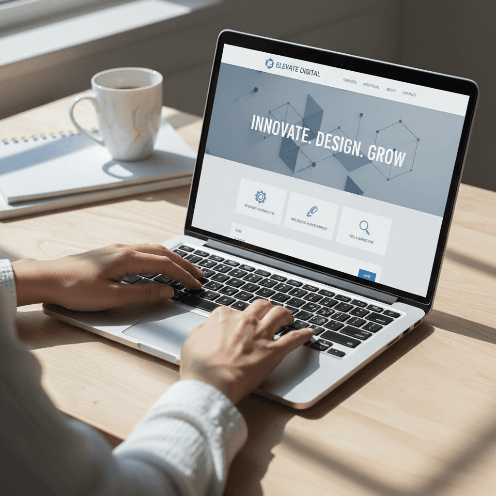 Website design workspace with service business website mockup on laptop screen