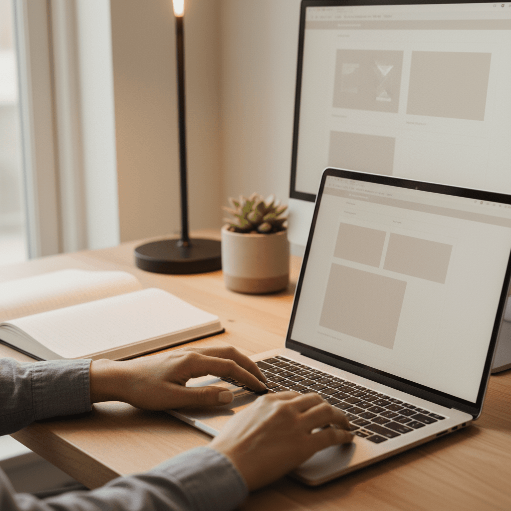 Web designer working at desk with Salt Lake City skyline visible in background