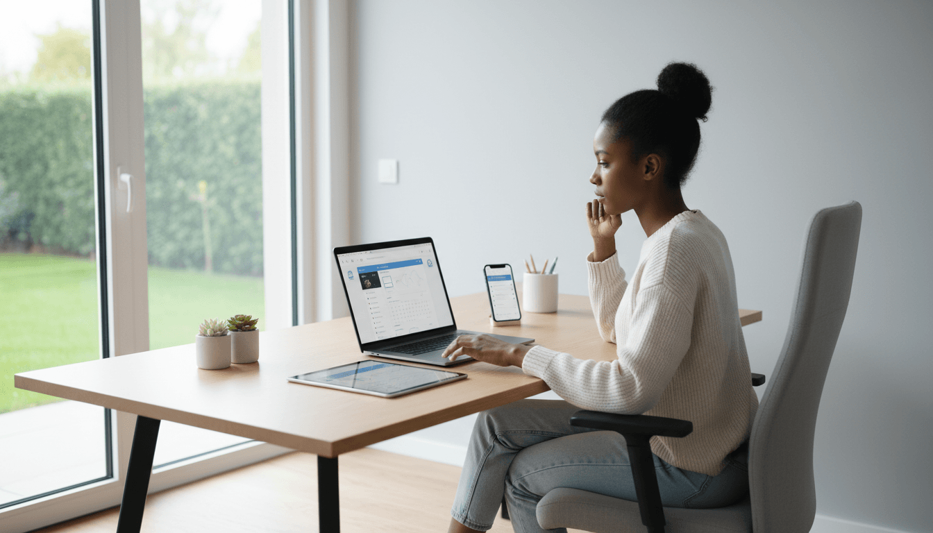 Professional working with multiple devices in bright modern home office, showcasing integrated digital connectivity solutions across platforms