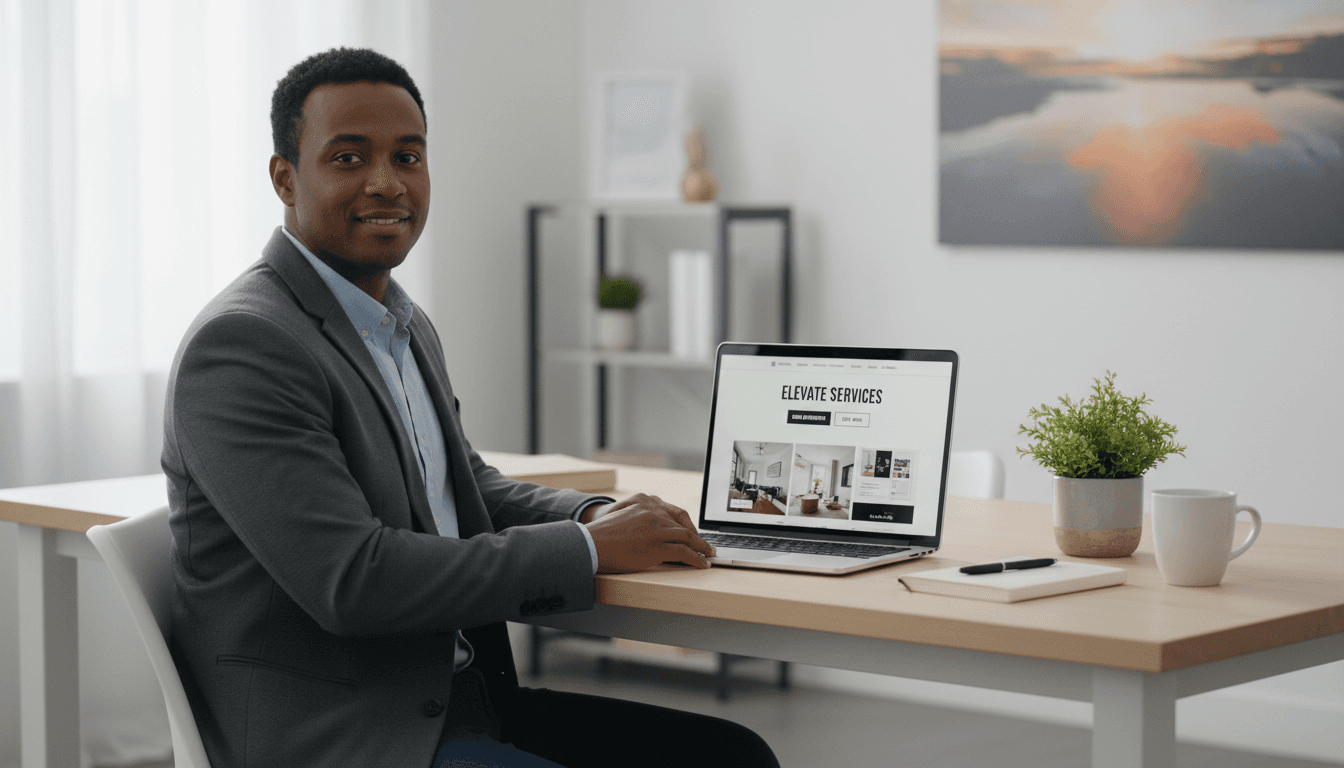 Salon owner viewing completed website on business computer