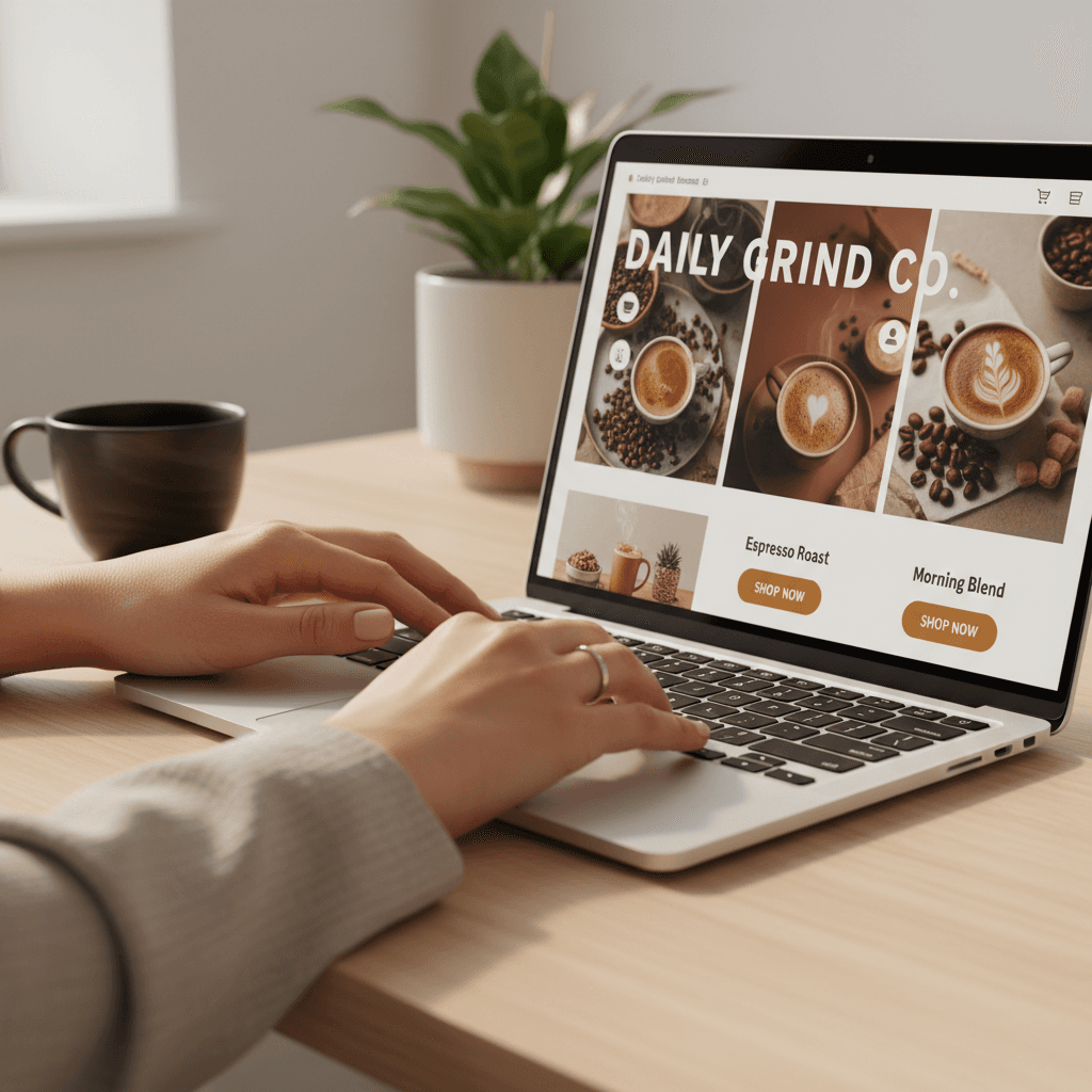 Web designer's hands on keyboard displaying responsive website design with coffee product imagery and warm, minimalist interface elements